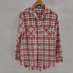 One 24 Rags Button Down Size Large Flannel Red Green White Plaid Long Sleeve
